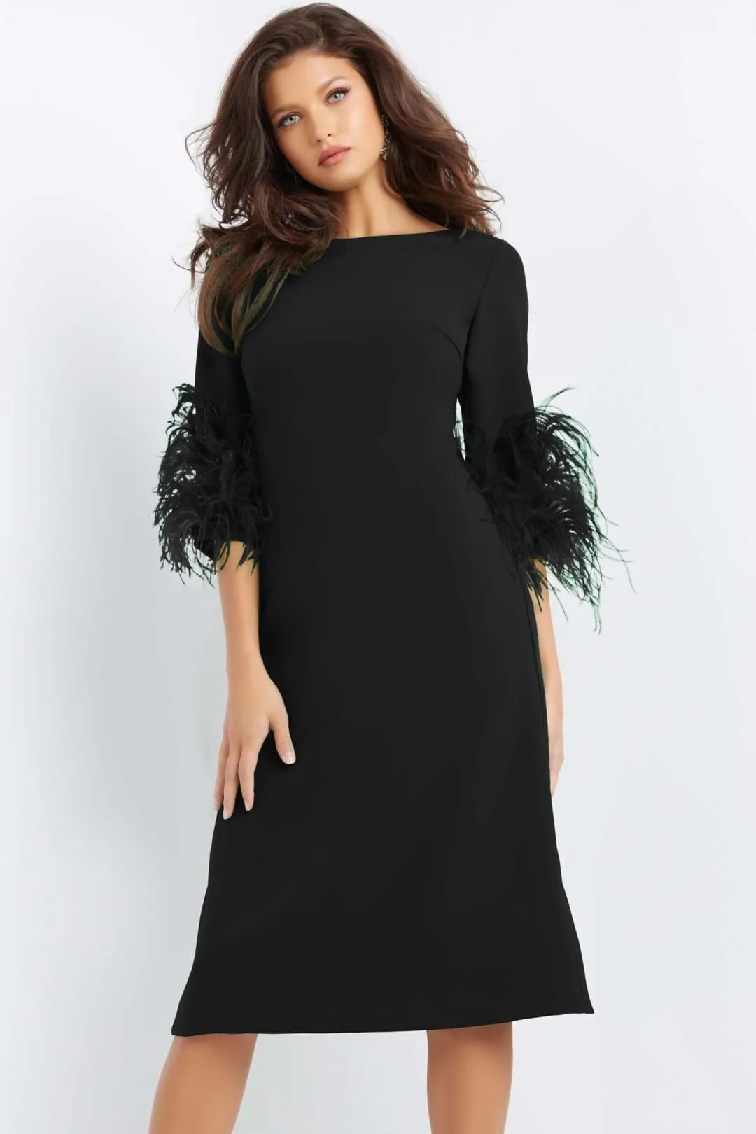 Jovani 07341 - Chic Feather-Fringed Quarter Sleeve Dress