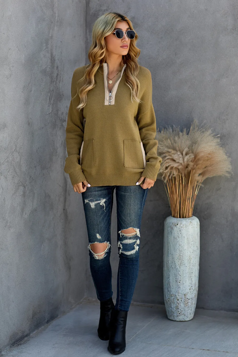 Khaki High Neck Pocketed Cozy Sweater