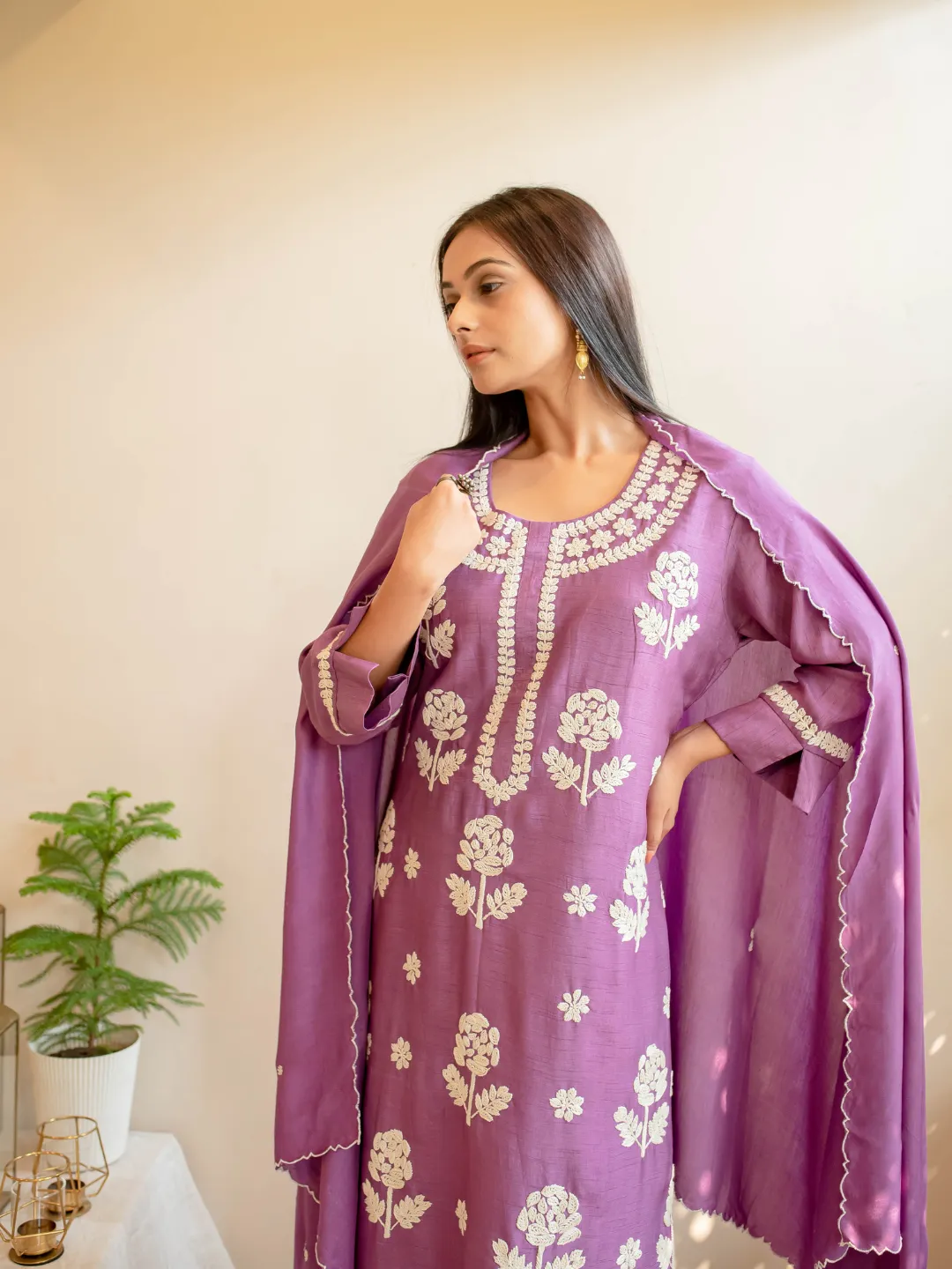 Lilac & White Silk Hand Embroidered Kurta Set