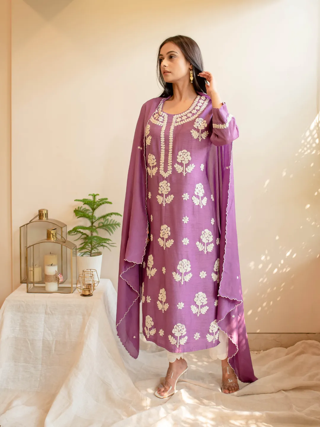 Lilac & White Silk Hand Embroidered Kurta Set