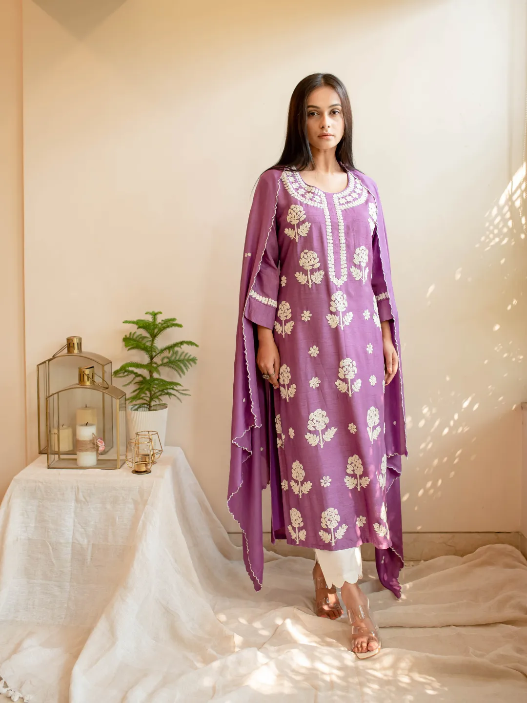 Lilac & White Silk Hand Embroidered Kurta Set