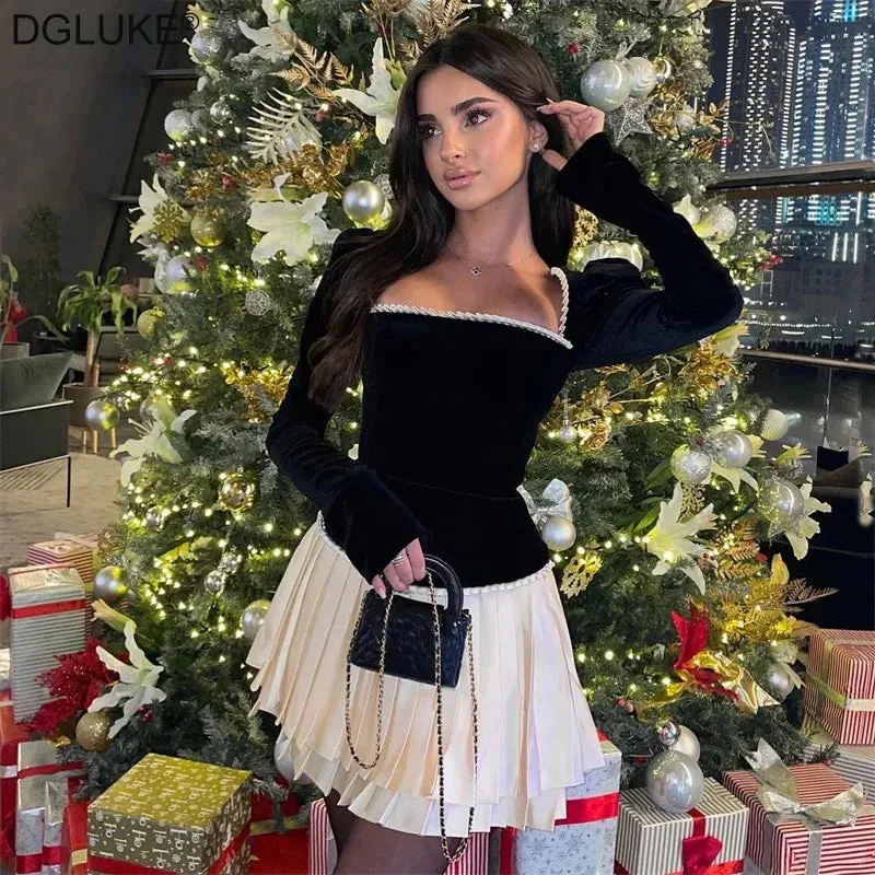 LVSANW DGLUKE Vintage Black Velvet Blouse Top Square Neck Long Sleeve Cropped Blouses For Women Fashion 2025 Elegant Shirts And Blouses