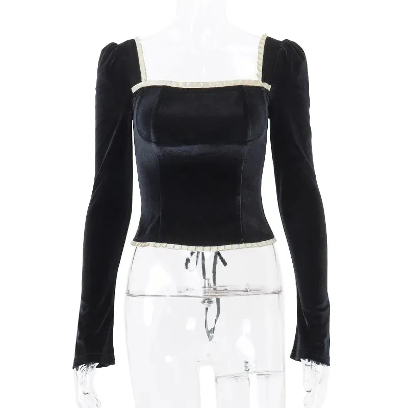 LVSANW DGLUKE Vintage Black Velvet Blouse Top Square Neck Long Sleeve Cropped Blouses For Women Fashion 2025 Elegant Shirts And Blouses