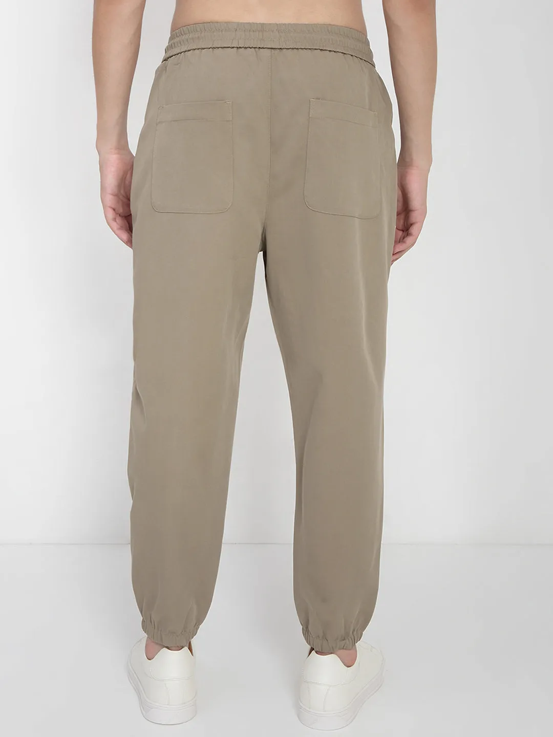 Men Cotton Beige Relaxed Fit Joggers