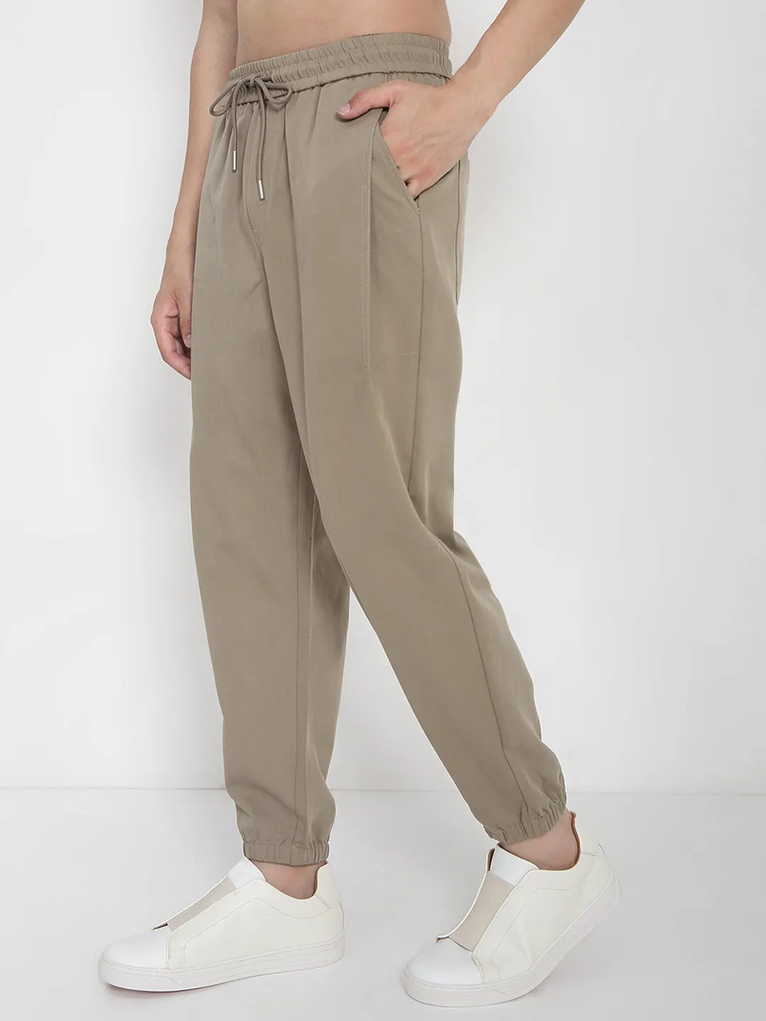 Men Cotton Beige Relaxed Fit Joggers