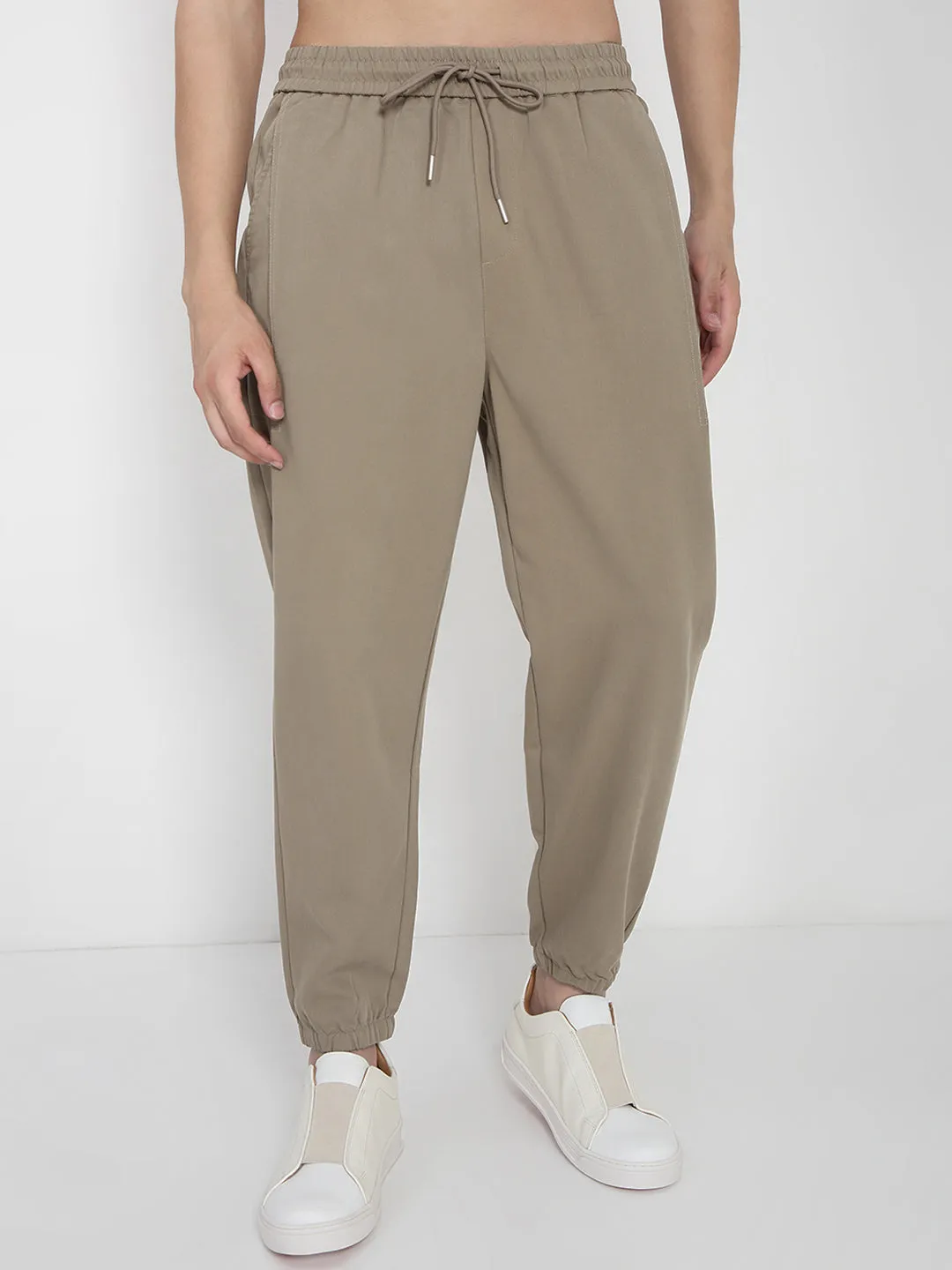 Men Cotton Beige Relaxed Fit Joggers