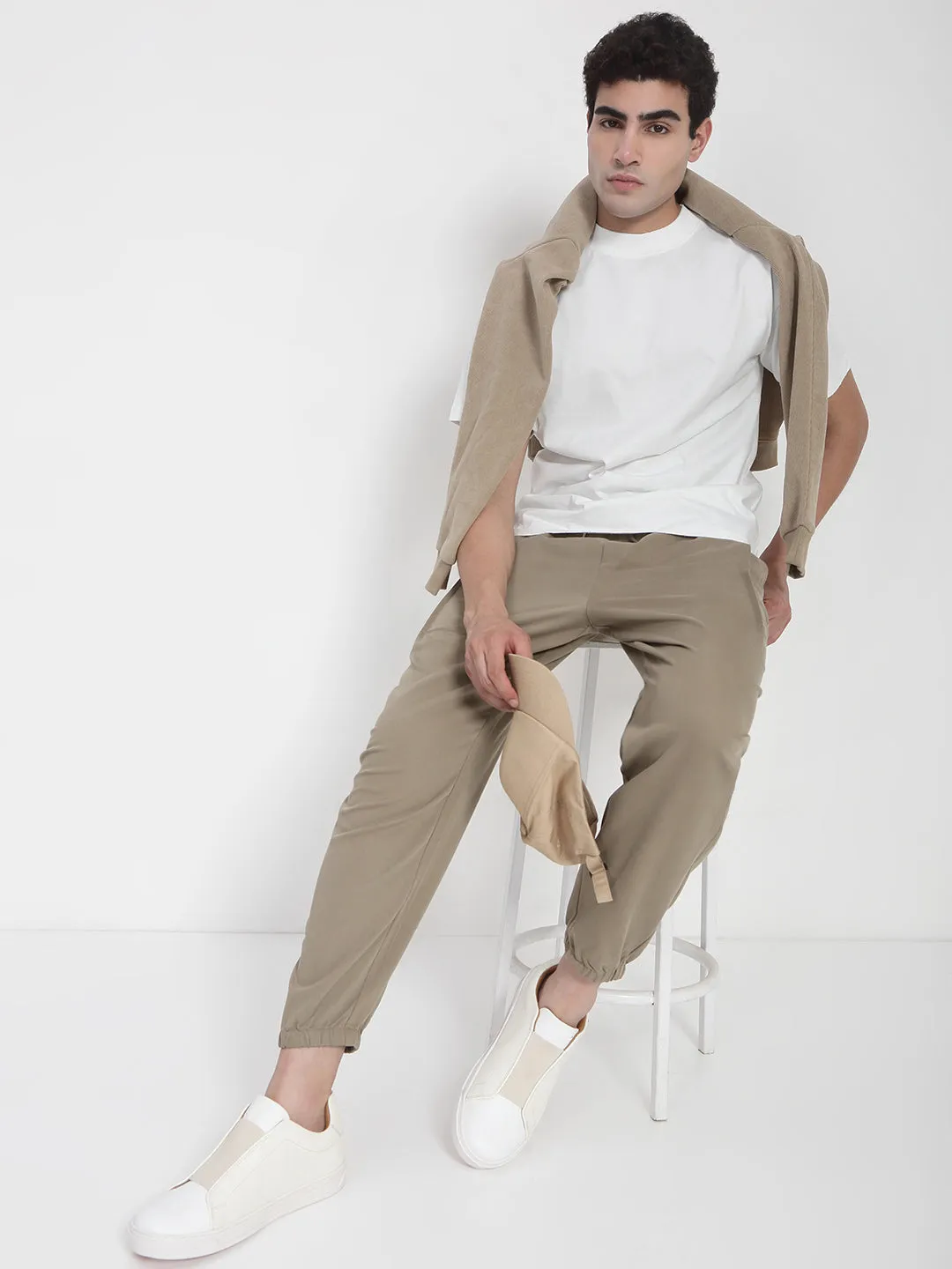 Men Cotton Beige Relaxed Fit Joggers