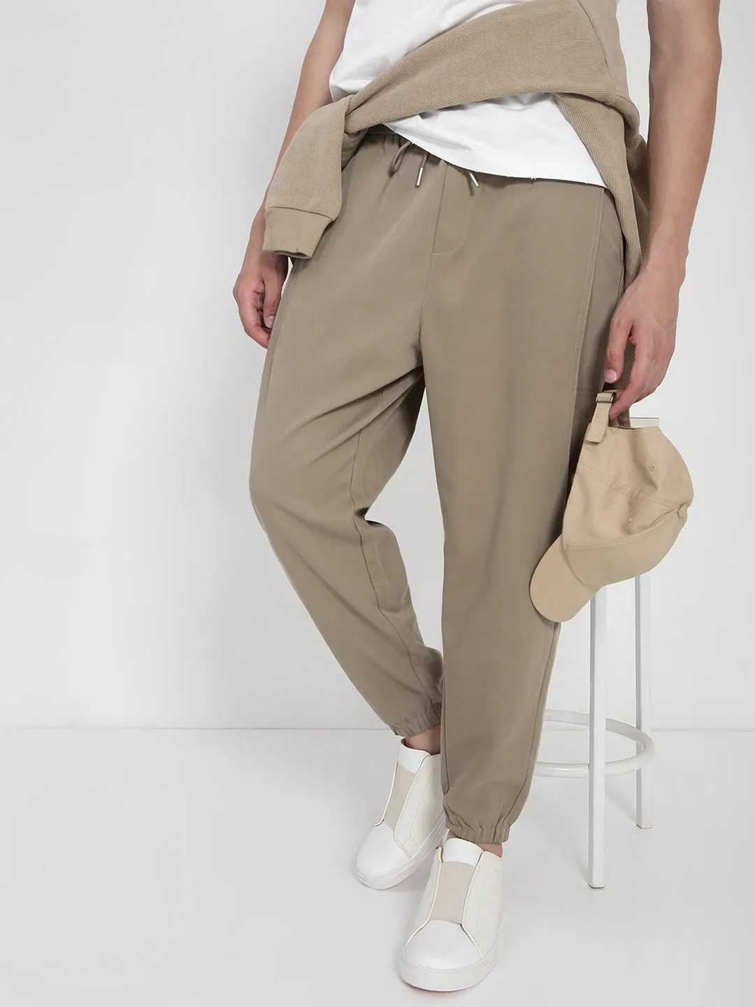 Men Cotton Beige Relaxed Fit Joggers