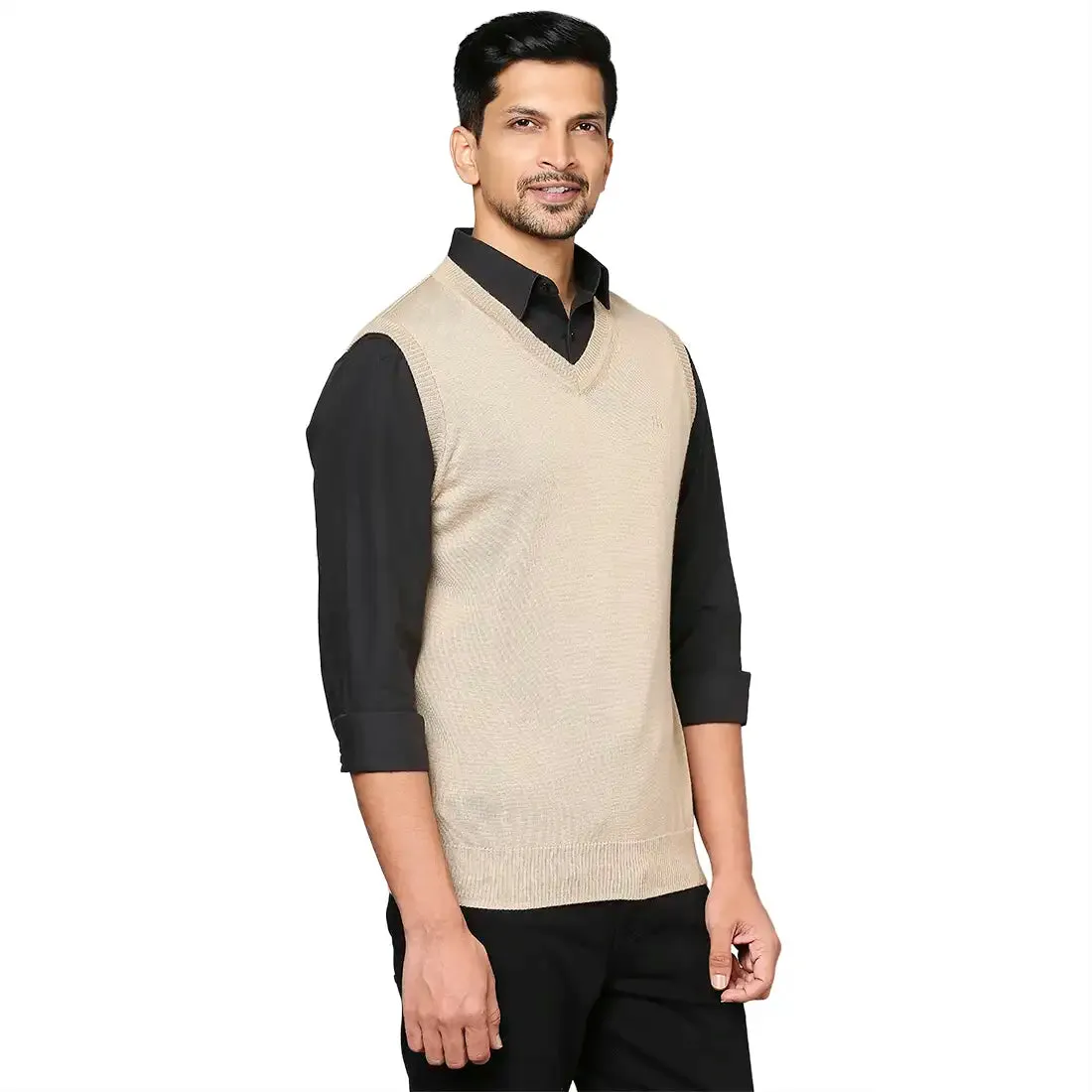 Men Fawn Solid Merino Wool V Neck Collar Sweaters