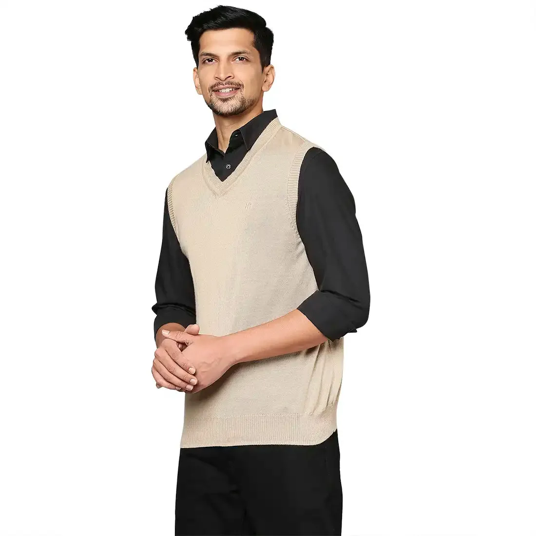 Men Fawn Solid Merino Wool V Neck Collar Sweaters
