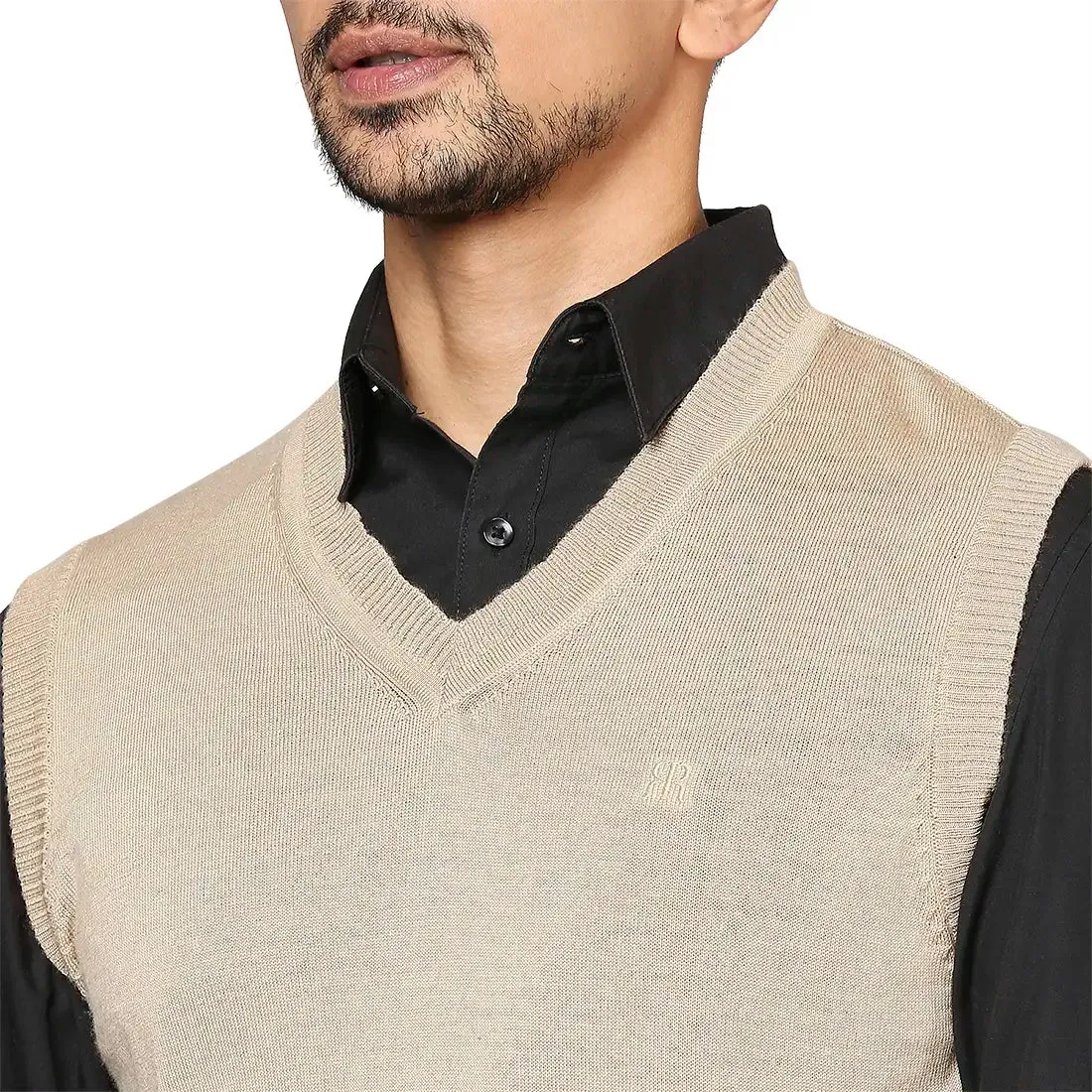 Men Fawn Solid Merino Wool V Neck Collar Sweaters