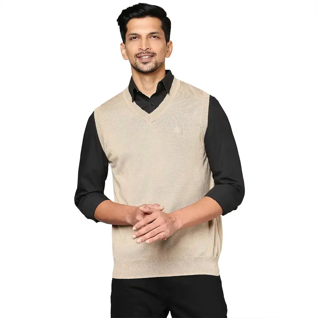 Men Fawn Solid Merino Wool V Neck Collar Sweaters