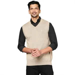 Men Fawn Solid Merino Wool V Neck Collar Sweaters