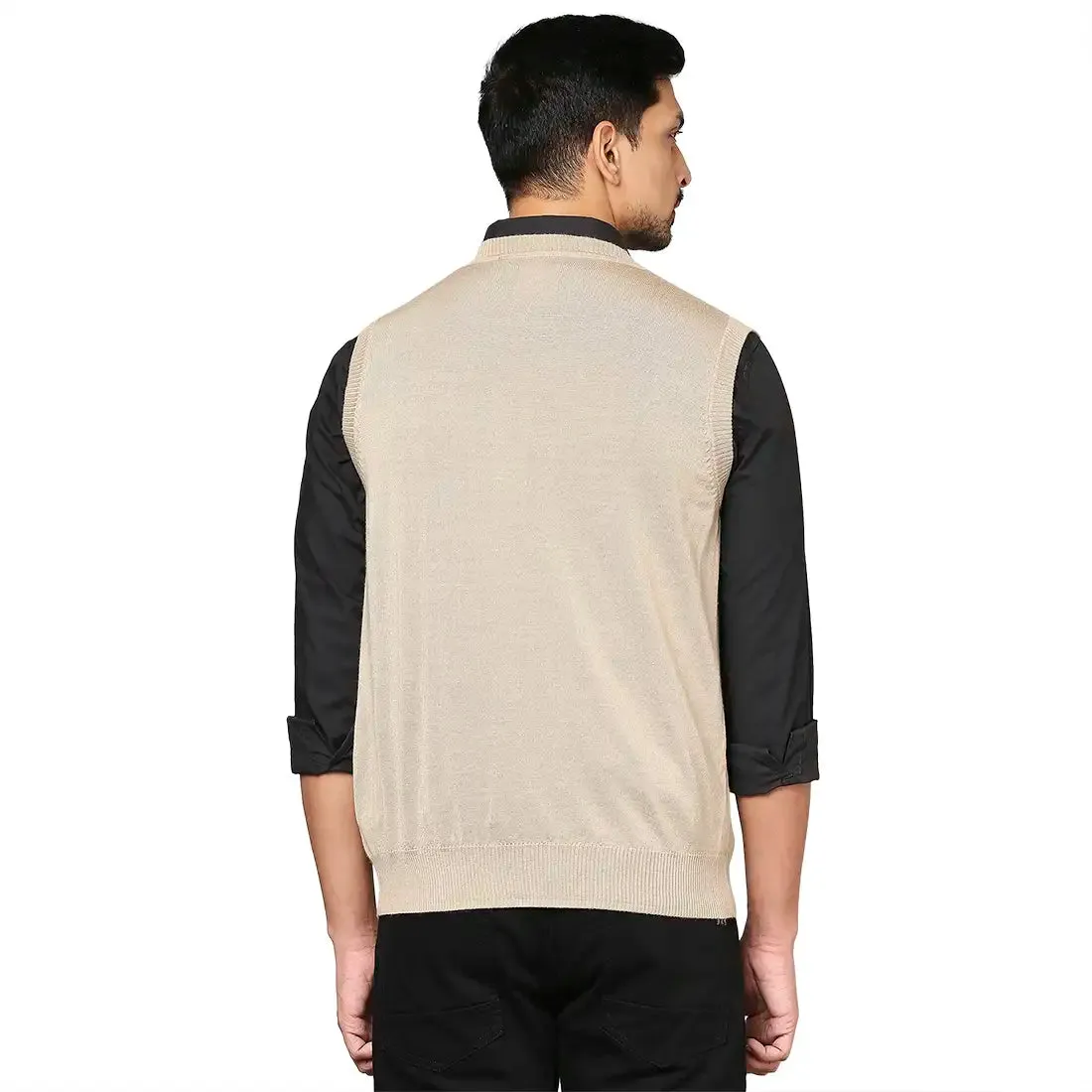 Men Fawn Solid Merino Wool V Neck Collar Sweaters