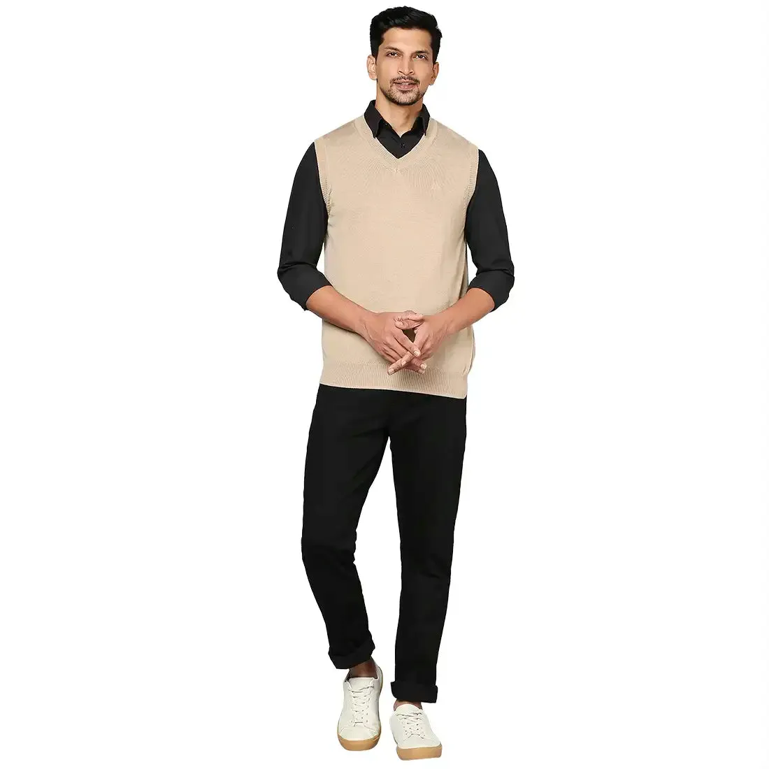 Men Fawn Solid Merino Wool V Neck Collar Sweaters