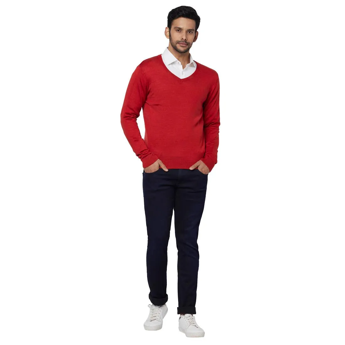 Men Orange Regular Fit Solid Acrylic Blend Full Sleeve Sweaters