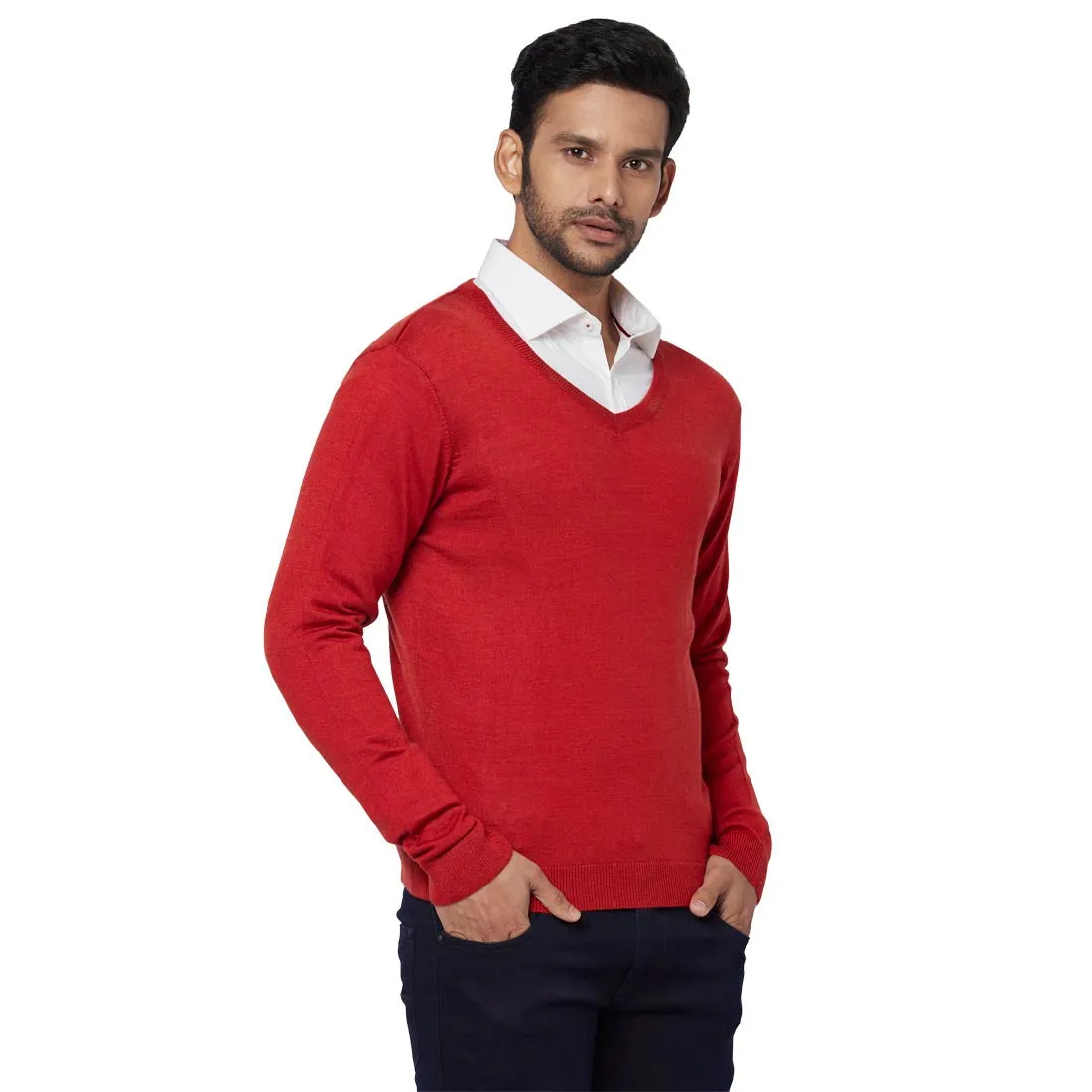 Men Orange Regular Fit Solid Acrylic Blend Full Sleeve Sweaters