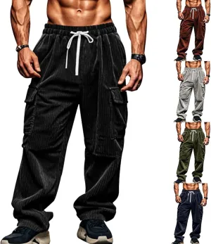 Mens Corduroy Cargo Pants Relaxed Fit Joggers Breathable Beach Pants Lightweight Elastic Drawstring Sweatpants Comfy