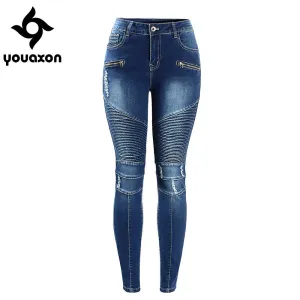 Motorcycle Biker Zip Mid High Waist Stretch Skinny Pants