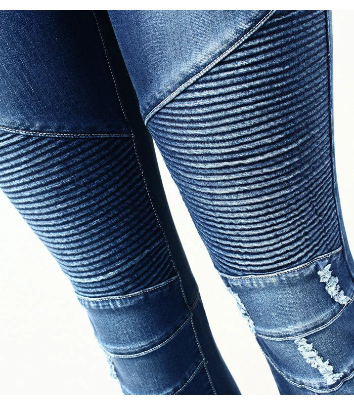 Motorcycle Biker Zip Mid High Waist Stretch Skinny Pants