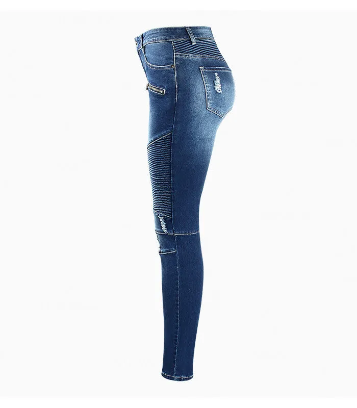 Motorcycle Biker Zip Mid High Waist Stretch Skinny Pants
