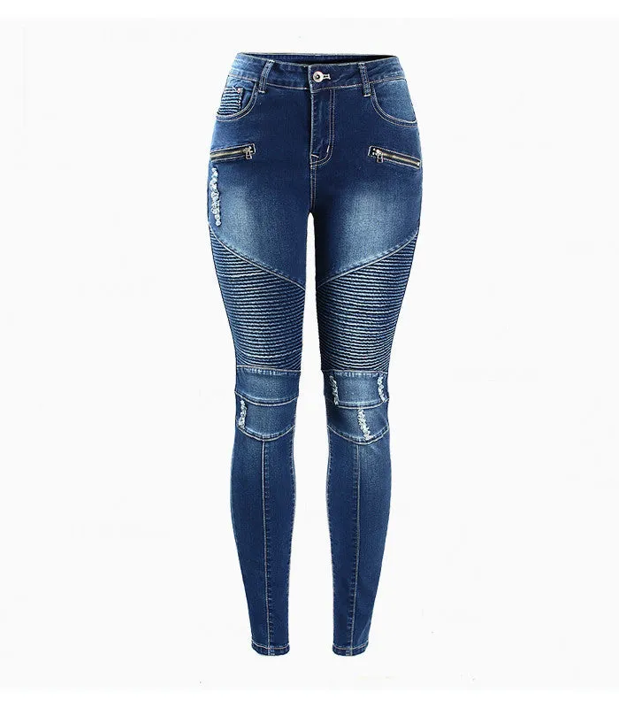 Motorcycle Biker Zip Mid High Waist Stretch Skinny Pants