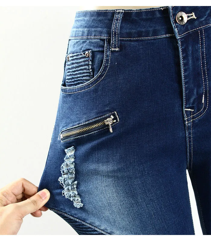 Motorcycle Biker Zip Mid High Waist Stretch Skinny Pants