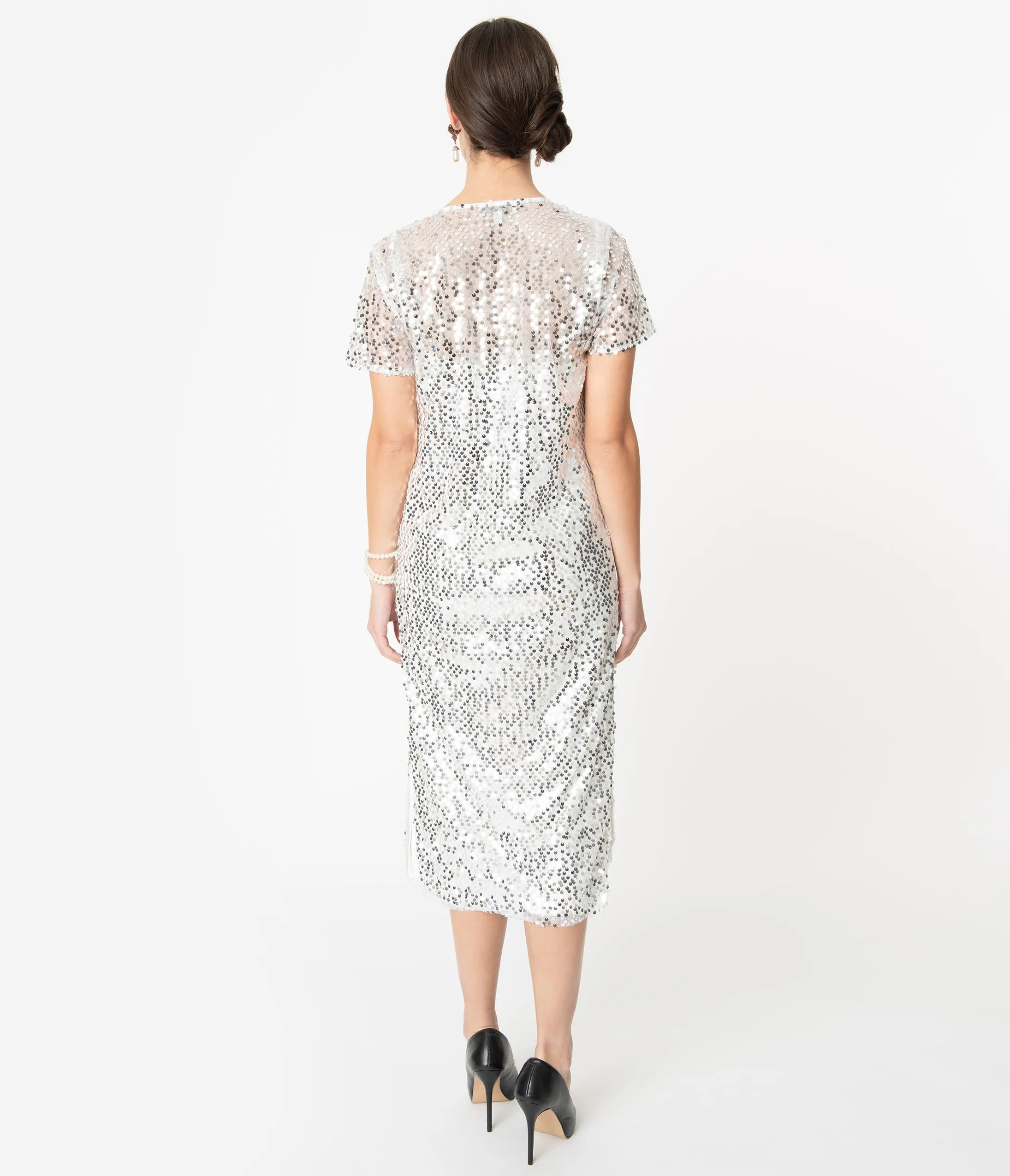 Off White & Silver Sequin Midi Shift Dress