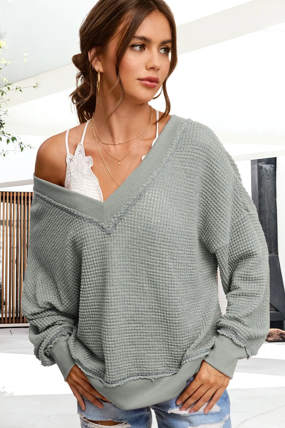 OVERSIZED V-NECK WAFFLE SWEATER - SAGE