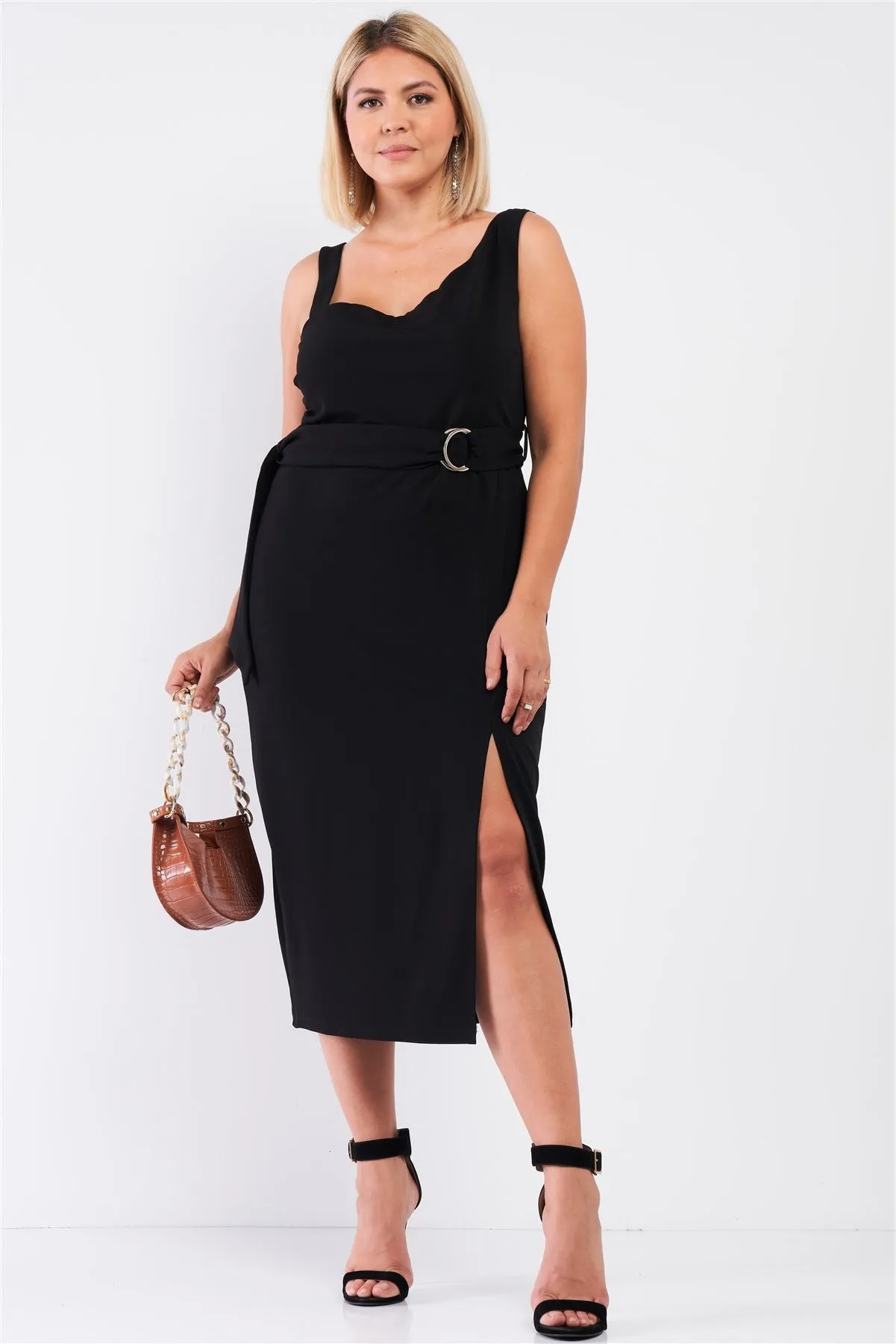 Plus Sleeveless Asymmetrical Shoulder Front Slit Detail Belted Dress