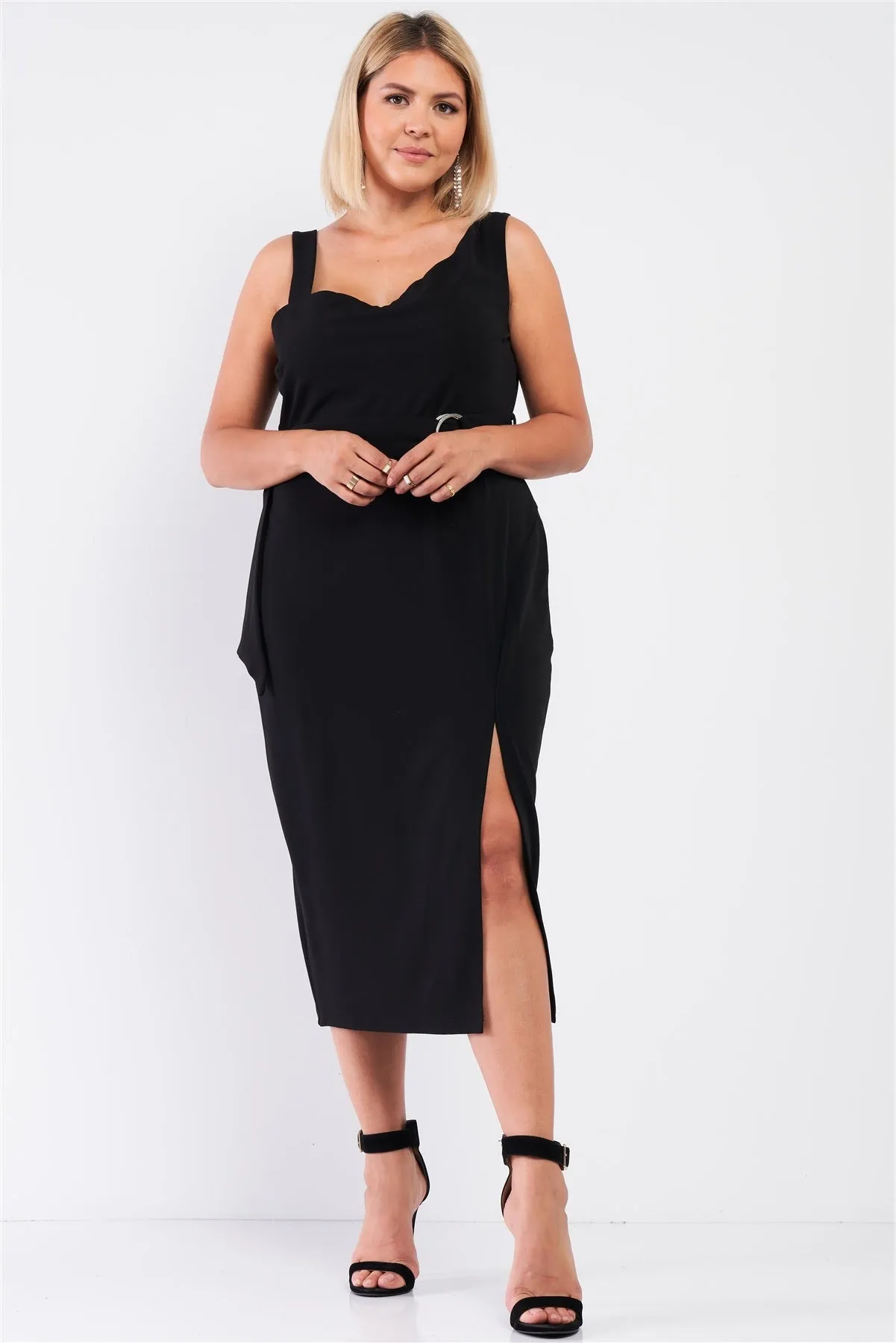 Plus Sleeveless Asymmetrical Shoulder Front Slit Detail Belted Dress