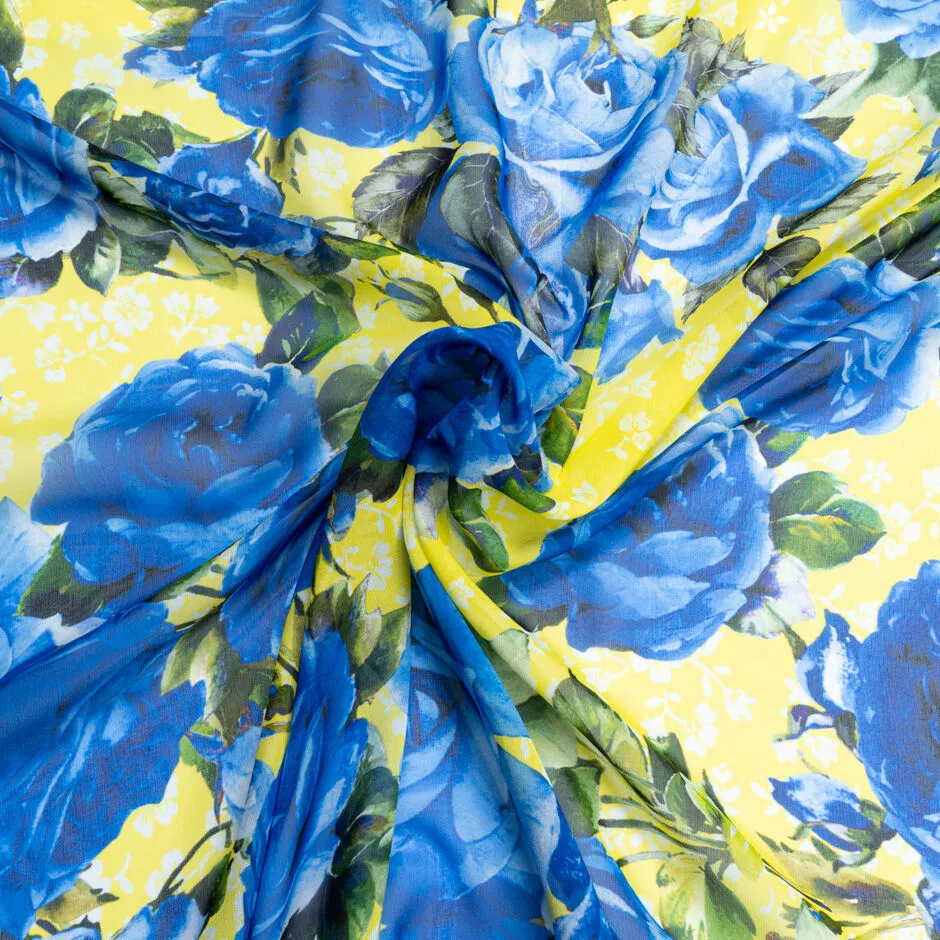 Royal Blue Floral Printed Yellow Silk Georgette