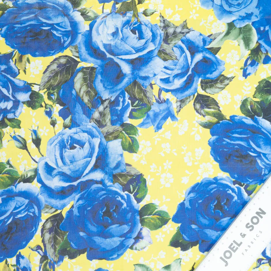 Royal Blue Floral Printed Yellow Silk Georgette