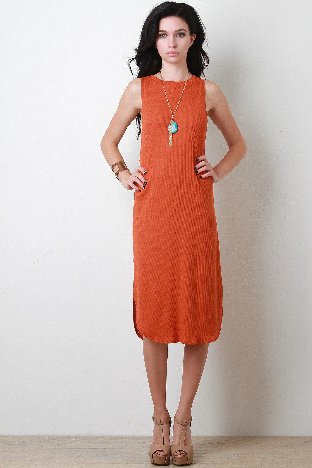 Scooped Armhole Midi Shift Dress