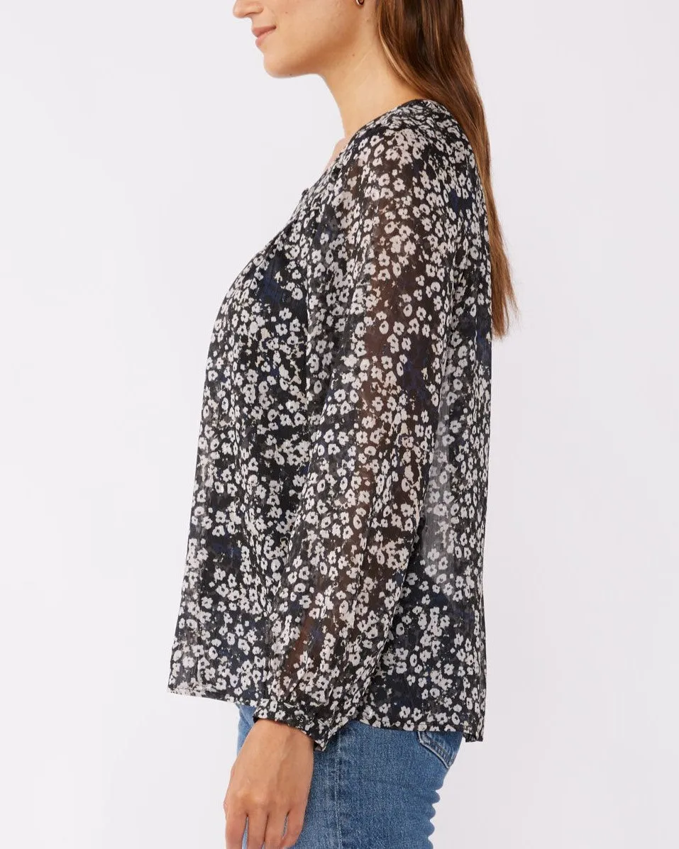 Shirred Yoke Button Down Blouse - Black/Grey