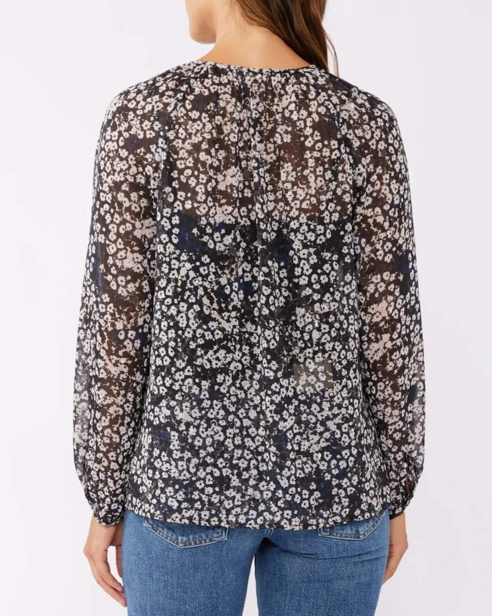 Shirred Yoke Button Down Blouse - Black/Grey