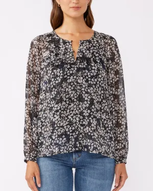 Shirred Yoke Button Down Blouse - Black/Grey
