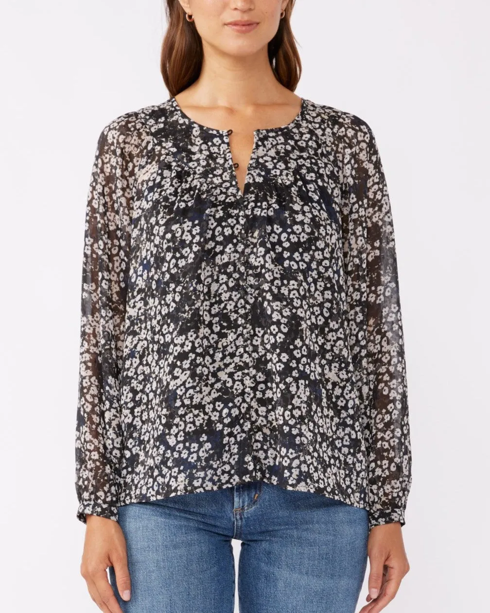 Shirred Yoke Button Down Blouse - Black/Grey