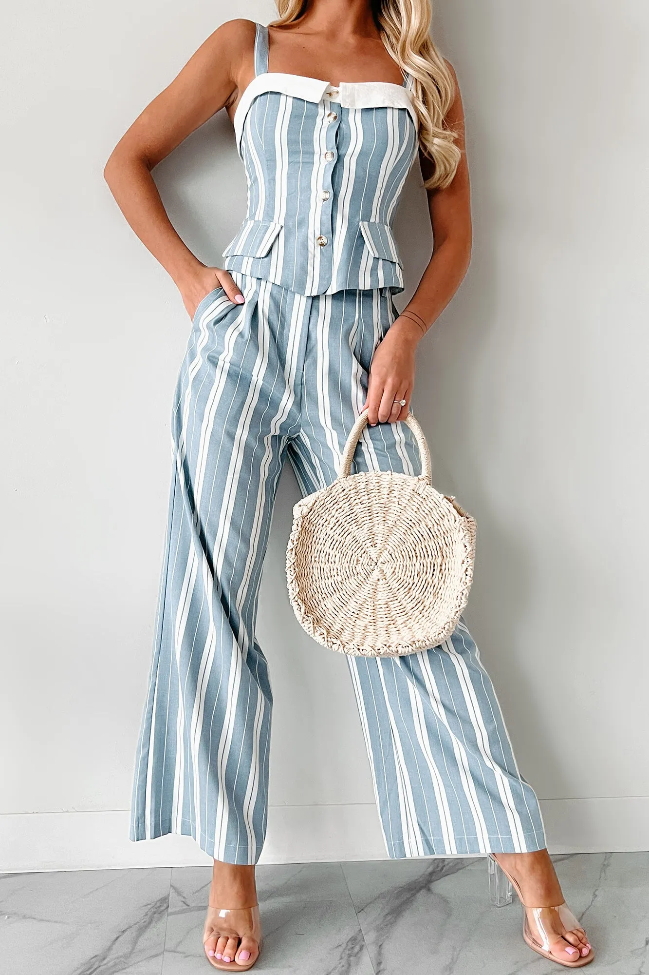 Strictly Professional Striped Two-Piece Pant Set (Dusty Blue/White)
