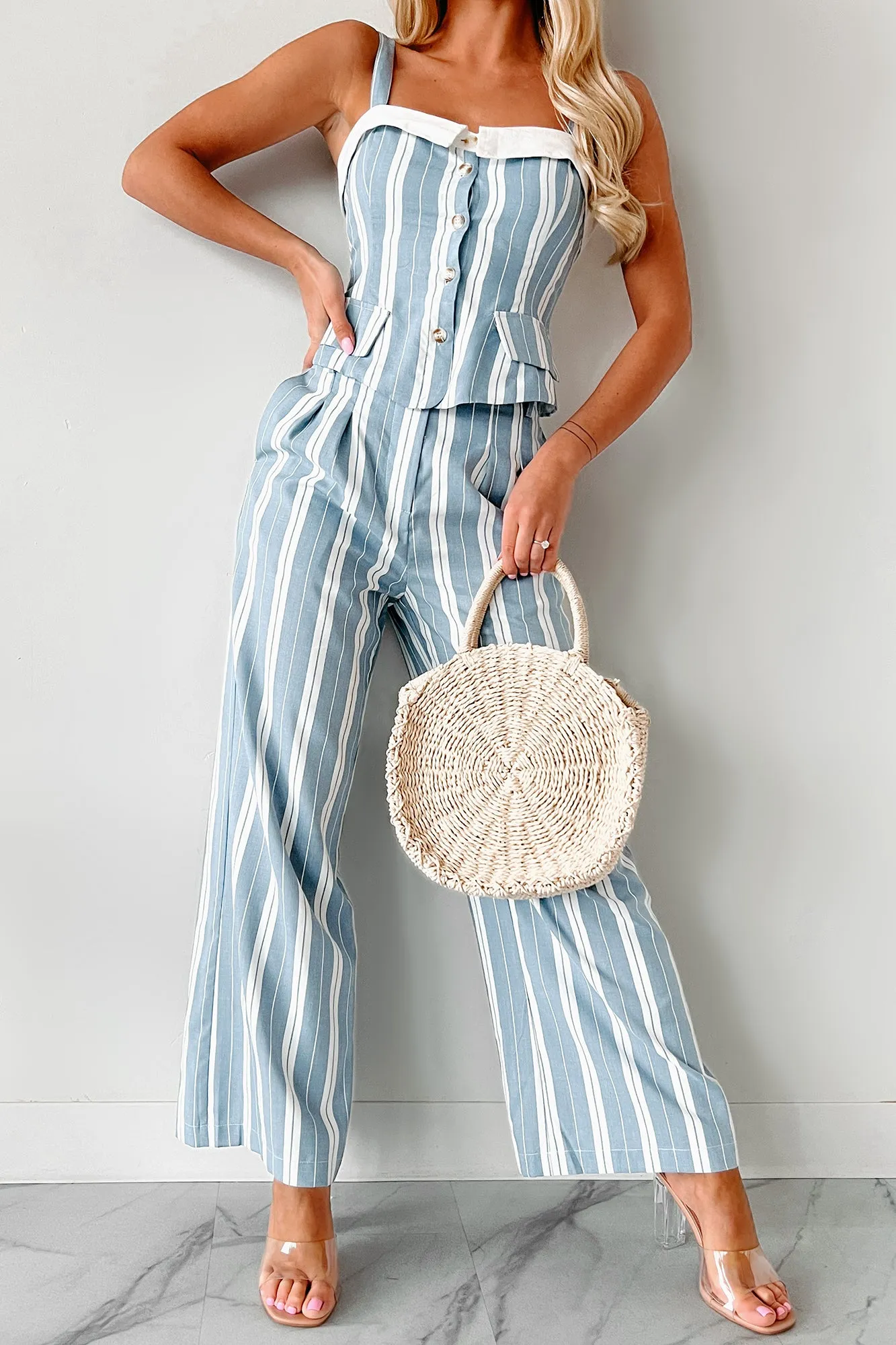 Strictly Professional Striped Two-Piece Pant Set (Dusty Blue/White)
