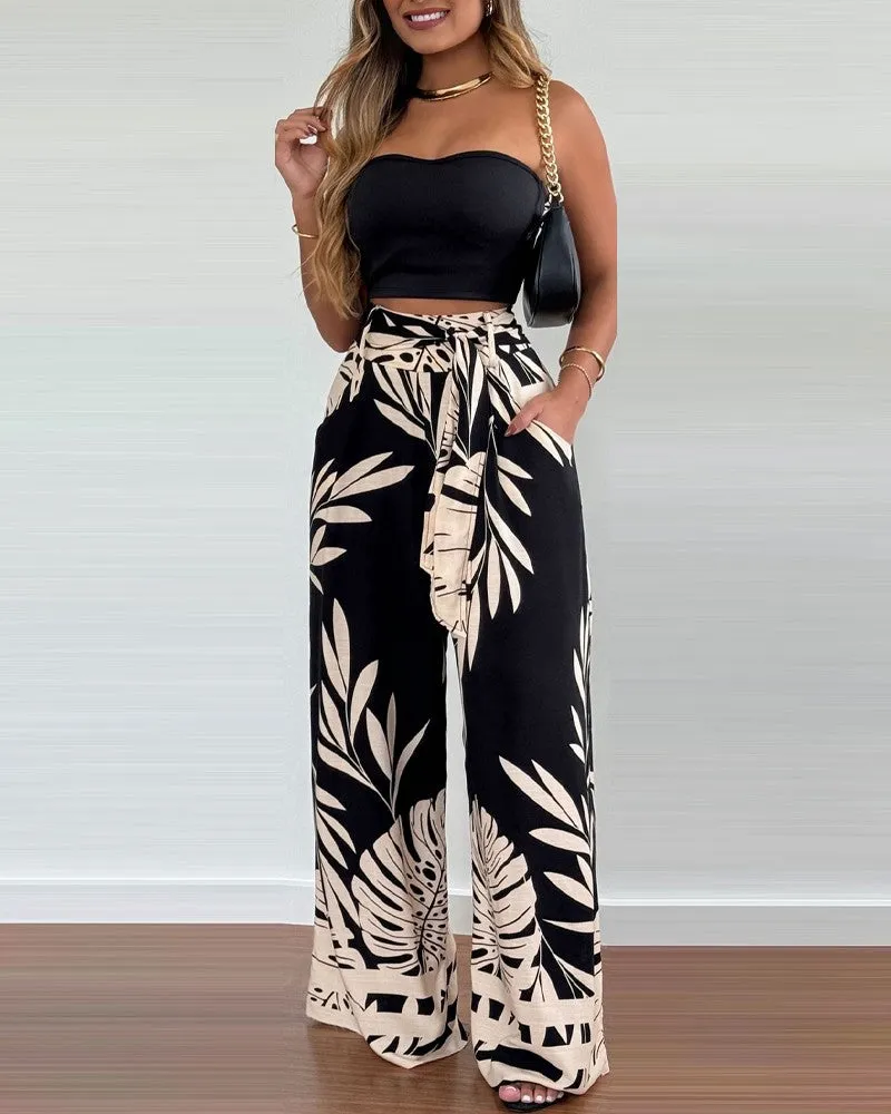 Tropical Print Tied Detail Pocket Design Pants