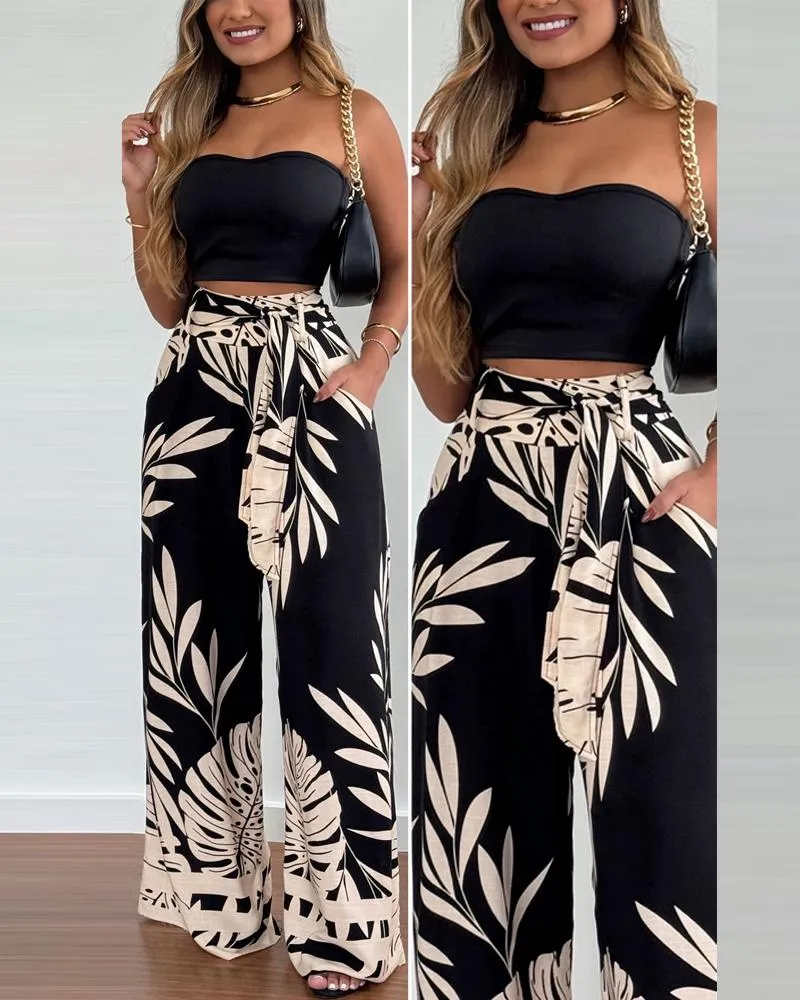 Tropical Print Tied Detail Pocket Design Pants