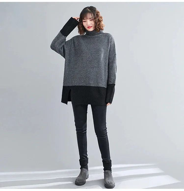 Turtleneck Sweater Knit Two Tone Color Casual Sweater Oversized Gray/Black