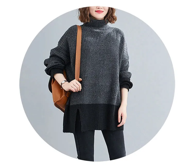 Turtleneck Sweater Knit Two Tone Color Style Autumn Sweater Oversized Charcoal/Black