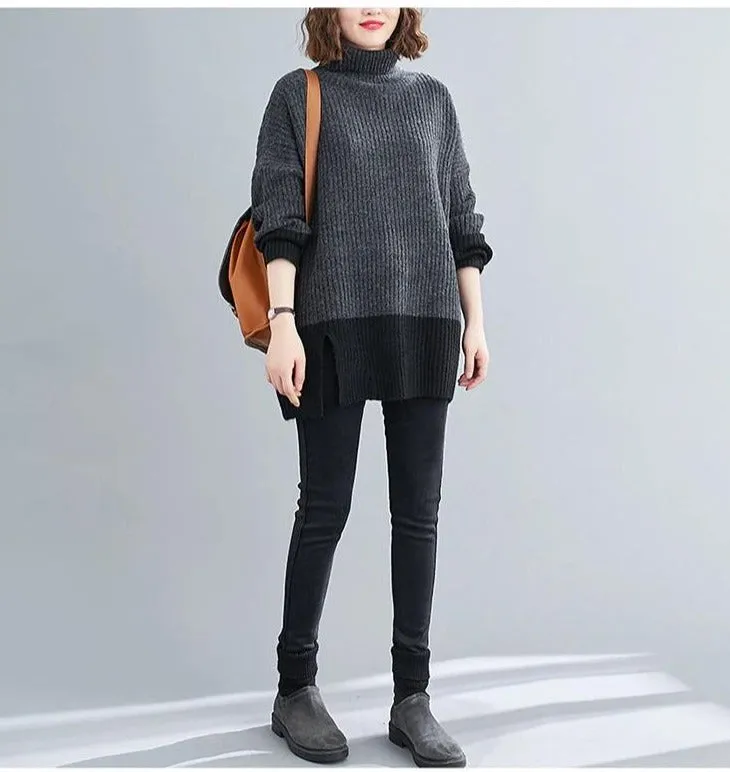 Turtleneck Sweater Knit Two Tone Color Style Autumn Sweater Oversized Charcoal/Black