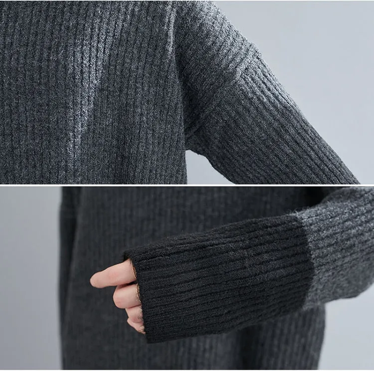 Turtleneck Sweater Knit Two Tone Color Style Autumn Sweater Oversized Charcoal/Black