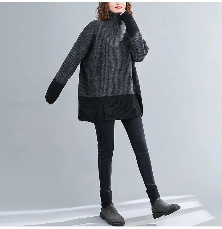 Turtleneck Sweater Knit Two Tone Color Style Autumn Sweater Oversized Charcoal/Black