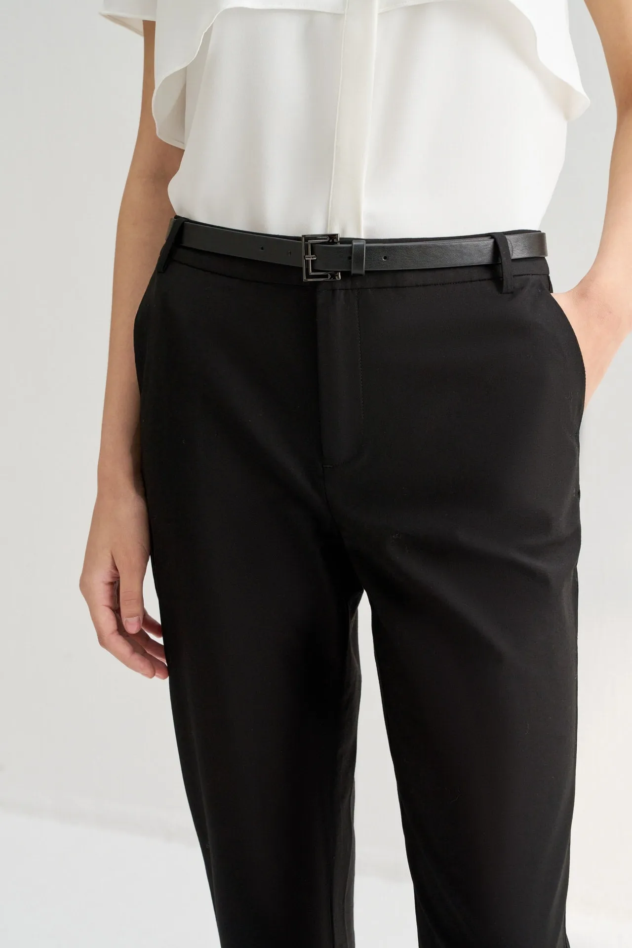 Twill Cotton Cigarette Pants with Faux Leather Belt