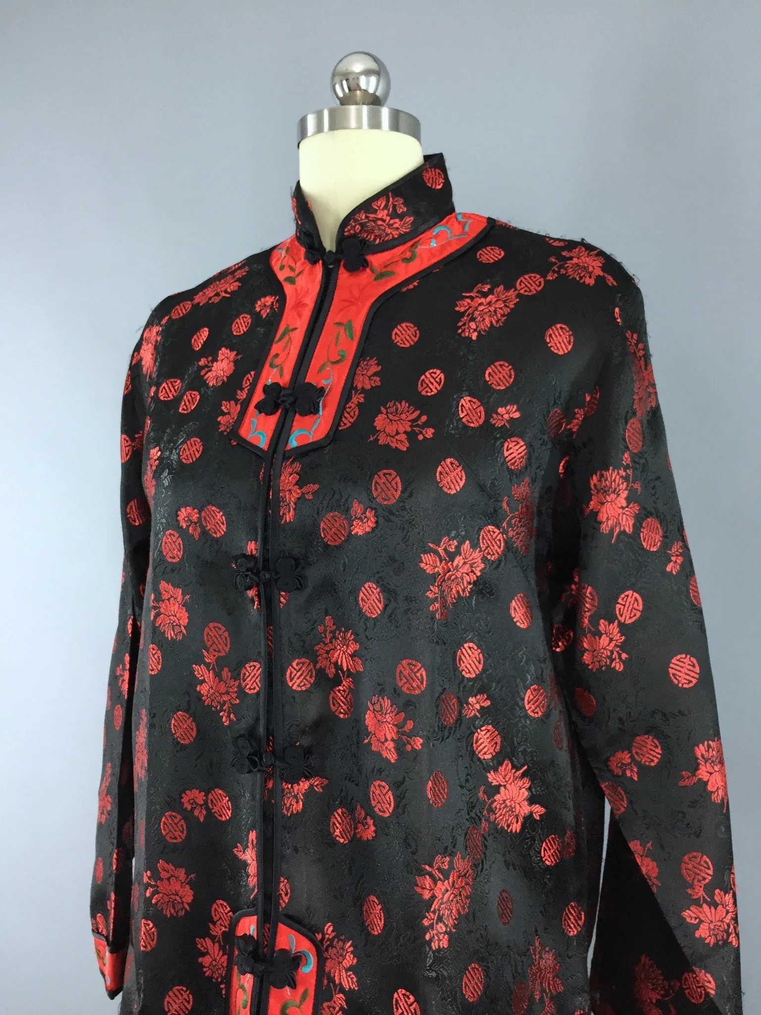 Vintage 1980s Black & Red Satin Brocade Asian Pajamas Set