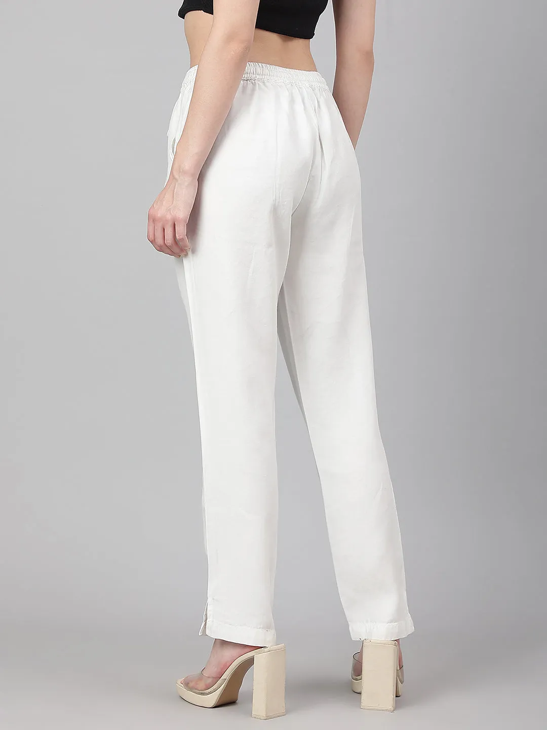 White Denim Solid Casual Pant